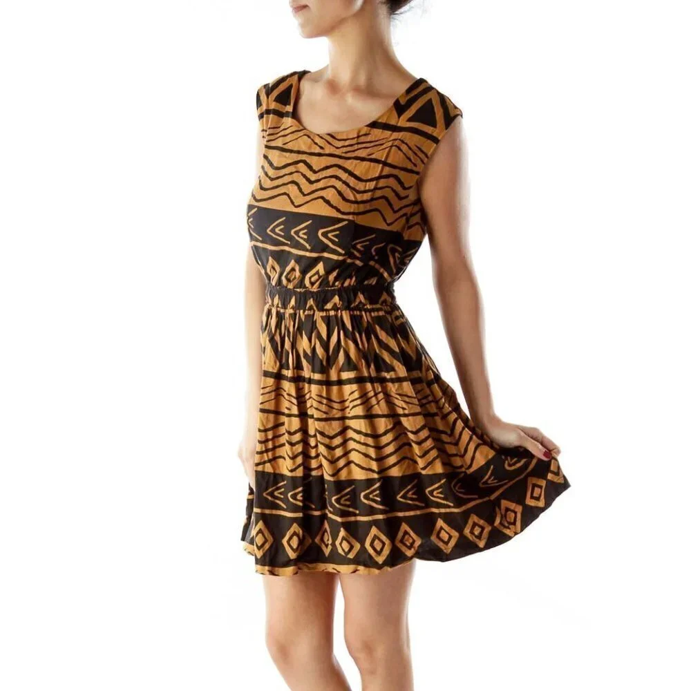 MINKPINK Brown Black Tribal Print Dress - Picture 1 of 3